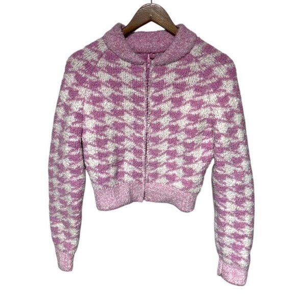 Skims Cozy Knit Zip Up Pink Houndstooth Size S/M - Picture 2 of 8
